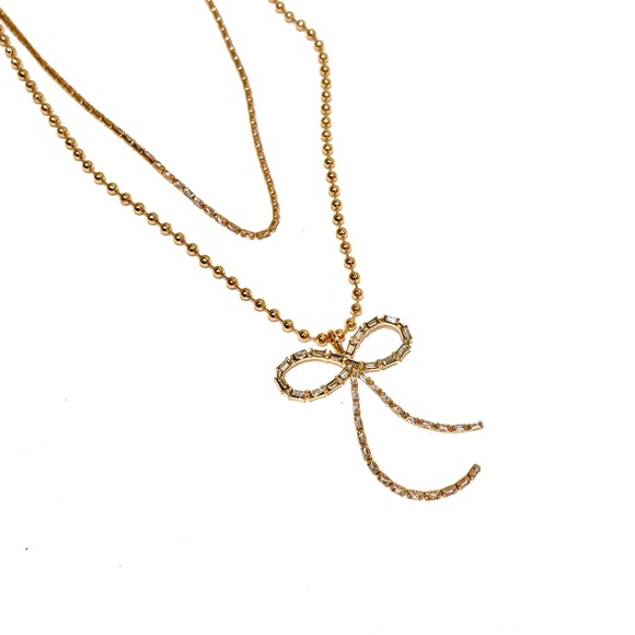 EXPRESS Gold & Baguette Rhinestone/Crystal Bow Layered Necklace NWT - Picture 14 of 14